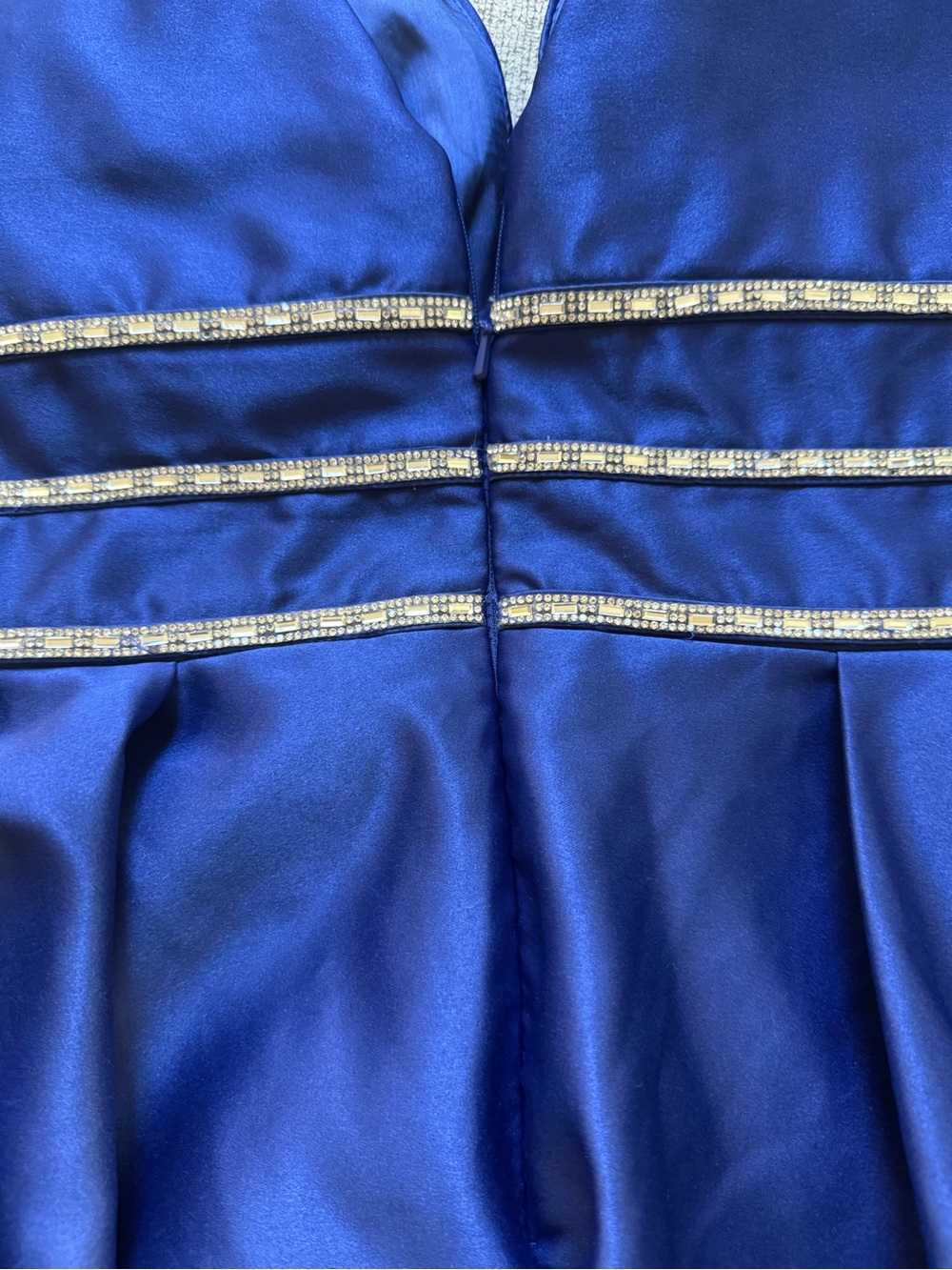 Blondie nights Navy Blue Satin Party Dress with Rhinestone Trim - Picture 3 of 5